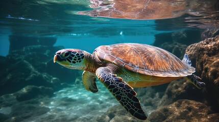 Green turtle swimming under the sea in clear sea water