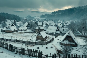 Top view of a snow-covered medieval era village with picket wall.