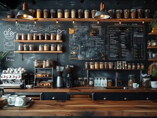 chalkboard wall with a coffee shop menu and shelves of jars and other items