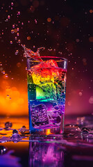 A glass of water with rainbow colored liquid.