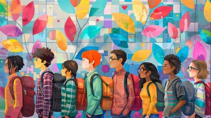 A group of diverse teenagers stand in front of a colorful mural. The teenagers are all wearing backpacks and look like they are going to school.