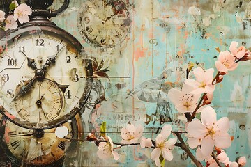 Surreal juxtaposition of antique clock faces and blossoming flora in a collaged composition.