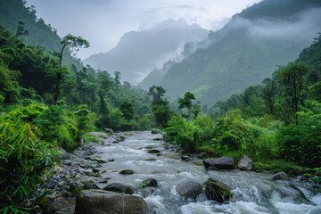 tranquil river flowing through the mountains, A serene and peaceful scene with a gentle river flowing through the mountains, surrounded by lush greenery and a misty atmosphere