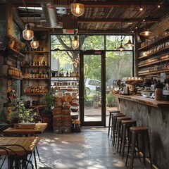 An interior of a coffee shop with a large wooden bar and shelves stocked with various goods.