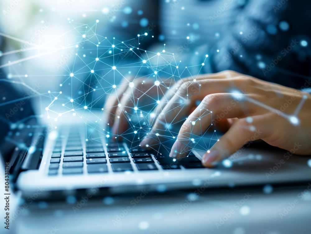 Poster Hands typing on a laptop with glowing digital network connections on a blue backdrop symbolizing connectivity. Generative AI