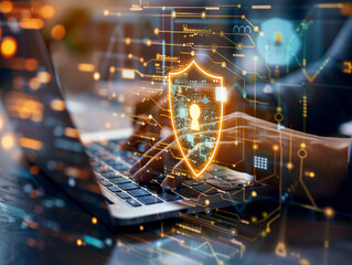 Hands typing on laptop with digital cybersecurity overlay concept on a dark background, Generative AI. Generative AI