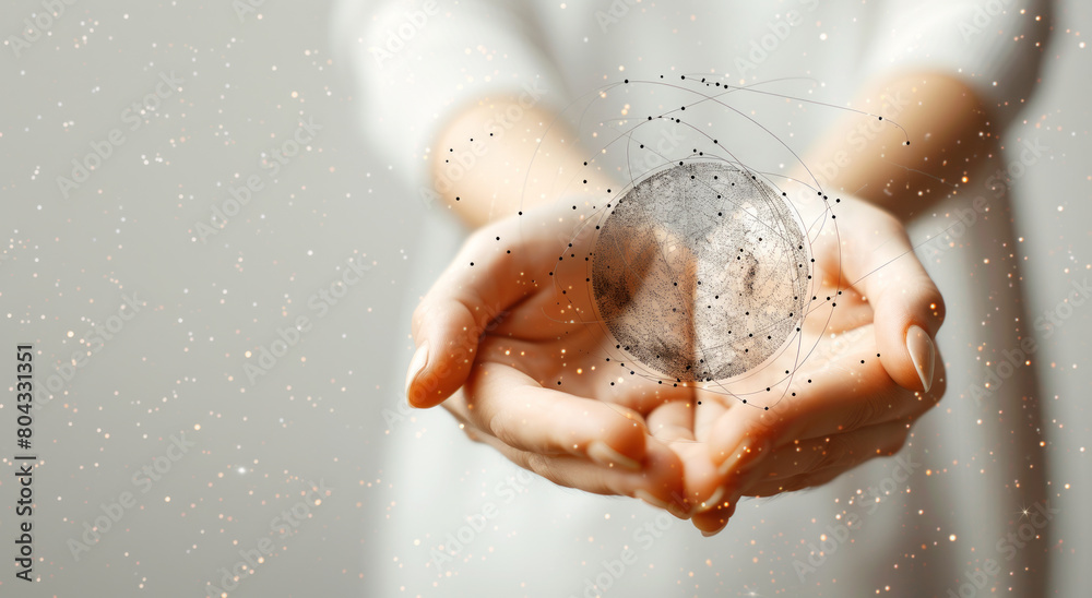 Poster open hands holding an abstract sphere with connected dots on a beige background, expressing the conc