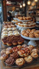 Pastries and cupcakes displayed on bakery shelves