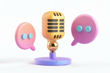 Studio microphone and chat bubble icon, concept of podcast, communication, conversation.