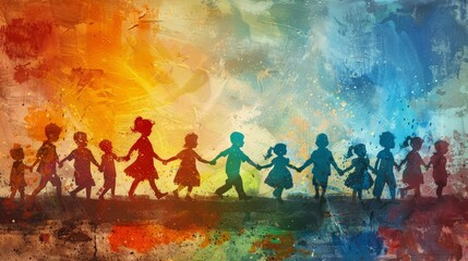 A group of children of different colors holding hands in front of a rainbow.