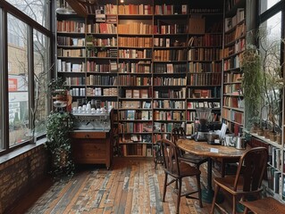 A cozy coffee shop with a large library