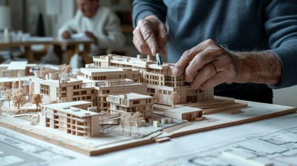 An elderly man meticulously works on a detailed architectural model of a housing complex made of wood.