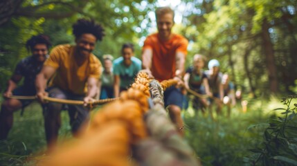 A group of people are pulling on a rope in a forest. Scene is energetic and playful