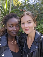 Naklejka premium Casual Outdoor Portrait of Two Diverse Young Women in Leather Jackets