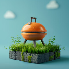 3d icon of a orange kettle bbq, flat icon style with blue pastel tones, summer time, bbq, backyard, barbecue, bar-b-q.