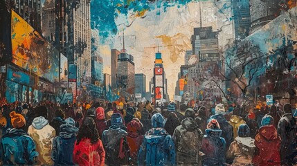 A painting of a large crowd of people in a city street. The painting is full of color and seems to be depicting a busy city scene. The mood of the painting is lively and bustling