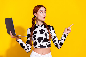 Photo of funky shocked woman wear cow skin print top communicating modern gadget showing empty...