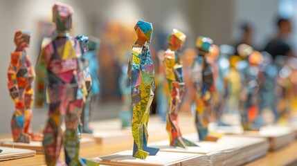 A row of colorful paper sculptures of people. The sculptures are made of paper and are arranged on a wooden platform. The sculptures are of various sizes and shapes