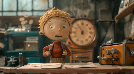 A boy is sitting at a desk with a clock in the background. He is holding a piece of paper and he is looking at it. The scene suggests a moment of contemplation or focus