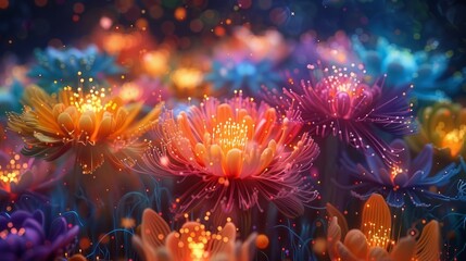 A colorful field of flowers with a bright, vibrant atmosphere. The flowers are in various shades of pink, purple, and yellow, and they are surrounded by a glowing, sparkling effect