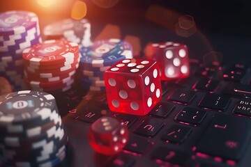 The concept of games of chance. Online casino gaming  roulette, cards, betting, chips, dice a world of chance and excitement , endless gaming possibilities and the al - Powered by Adobe