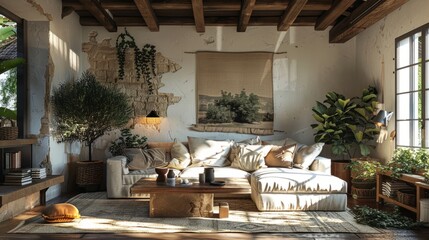 A living room with a white couch, a coffee table, and a large painting on the wall. The room has a cozy and inviting atmosphere, with plants and potted plants scattered throughout the space