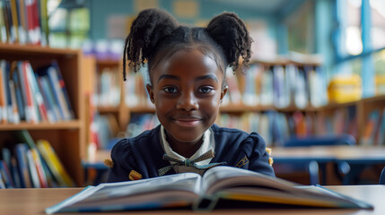 Happy young black african american school girl reading a book in a classroom library. Diversity equality & inclusion at school. Inclusive & diverse education. Child revising for exams