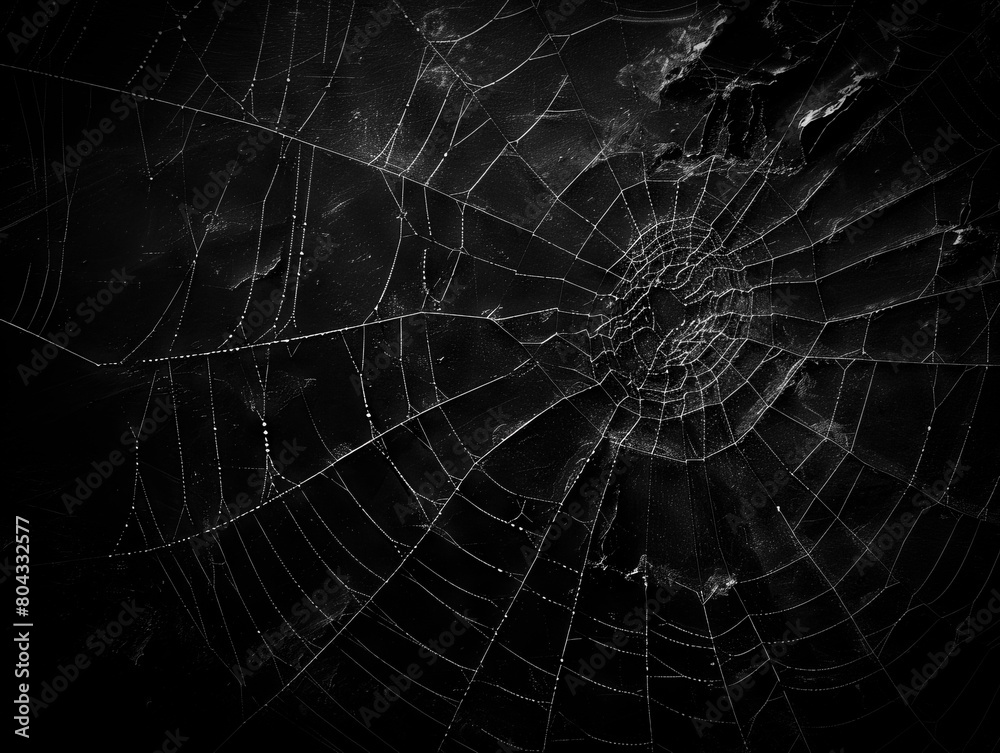 Poster Intricate spider web with water droplets, in monochrome on a dark textured background, symbolizing complexity and nature's design. Generative AI