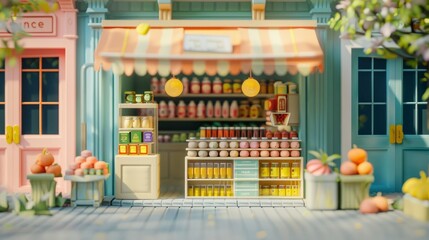 A colorful store. The store is filled with various items, including a large display of oranges. The scene is bright and cheerful, with a sense of abundance