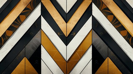 A sleek, modern interpretation of Art Deco patterns, with sharp angles and bold lines in a palette...