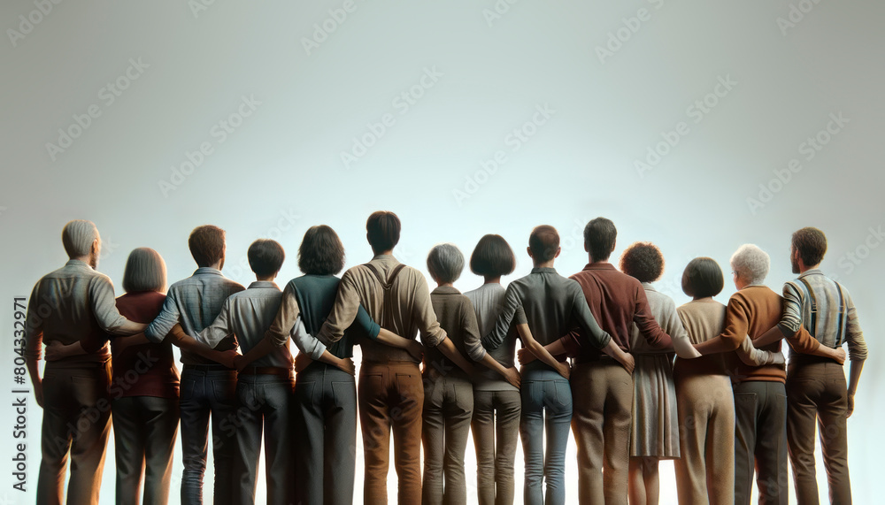 Wall mural a group of people standing together, facing away, unity concept, on a light background. generative a