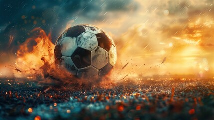 A soccer ball is on a field , sport background