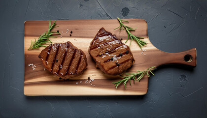 grilled angus prime meat steaks machete on a wooden board - obrazy, fototapety, plakaty