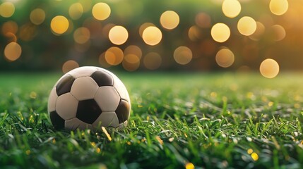 A soccer ball is on a field , sport background