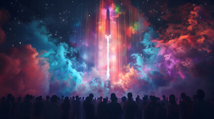 holographic rocket launch for new product with the crowd