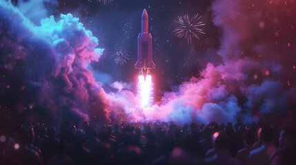 holographic rocket launch for new product with the crowd