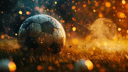 A soccer ball is on a field with a lot of fire and smoke