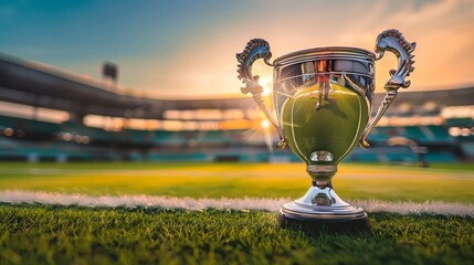 A silver cup with a design on it sits on a field