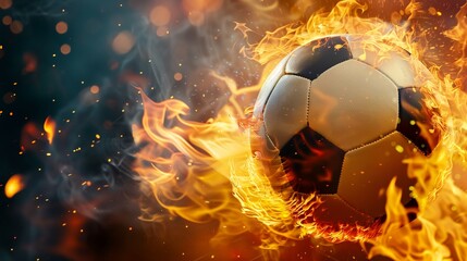 A soccer ball is surrounded by fire and smoke
