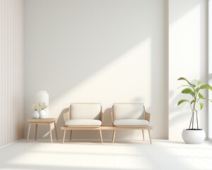 3d render of a waiting room with two chairs, a table, a plant, and a vase with flowers