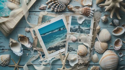 A circular wooden table adorned with aqua seashells and a picture of a beach scene. The combination...