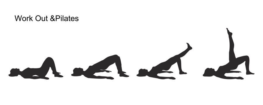 Set of Pilates and Work out silhouette icons. 
Yoga and pilates poses silhouette collection. Vector illustration.