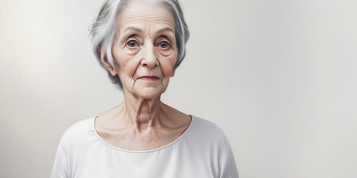 Woman on a white background with space for text. Portrait video of an aging beautiful elderly woman. An elderly man with gray hair in a white top on a light background. Horizontal video of a rapidly