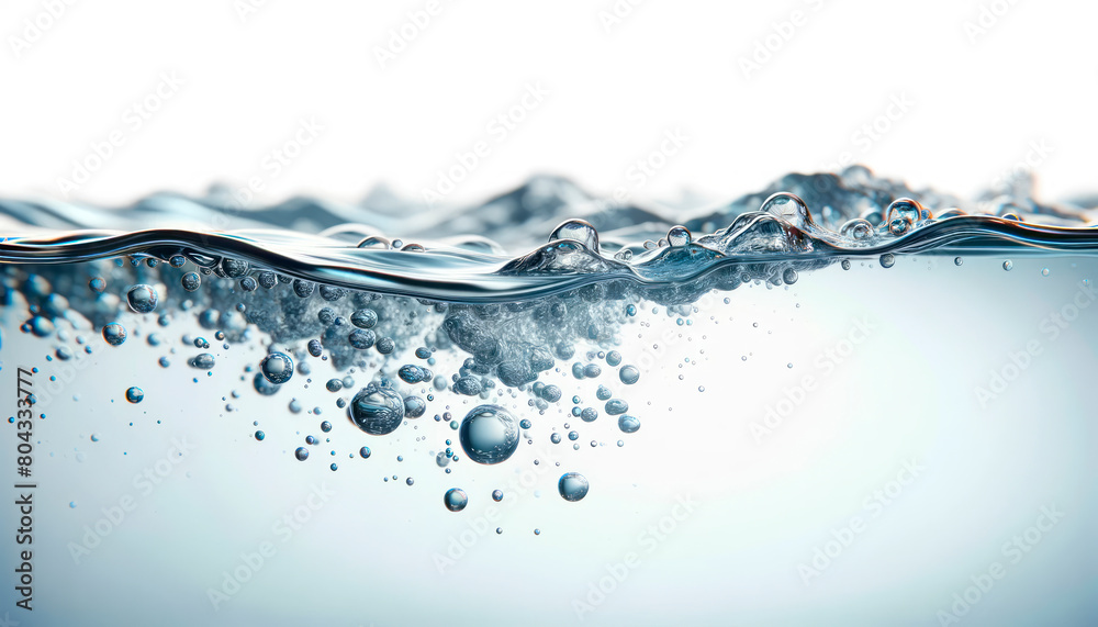 Poster close-up of water surface with bubbles on a clear background, in a photorealistic style, depicting t