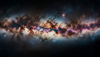 Obraz premium A vast cosmic scene with vibrant star clusters, set against a dark space background, reflecting the concept of the universe's beauty. Generative AI