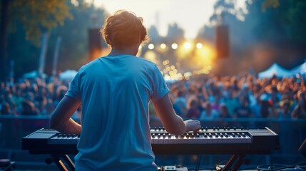 Back view of a keyboardist performing live on stage with the crowd and sunset in the background