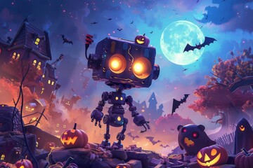 Vibrant Halloween Scene with Robot