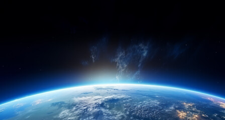 Obraz premium Earth as seen from space with visible galaxy stars, on a dark cosmic background, concept of exploration, Generative AI. Generative AI