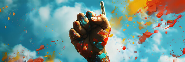 Concept idea of freedom of press, expression, speech, fist hand holding a pen up into the sky, 