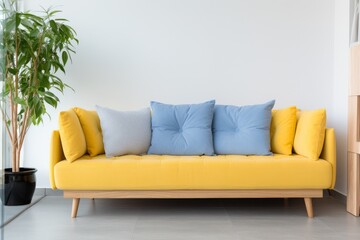 Yellow Couch With Blue Pillows and Potted Plant
